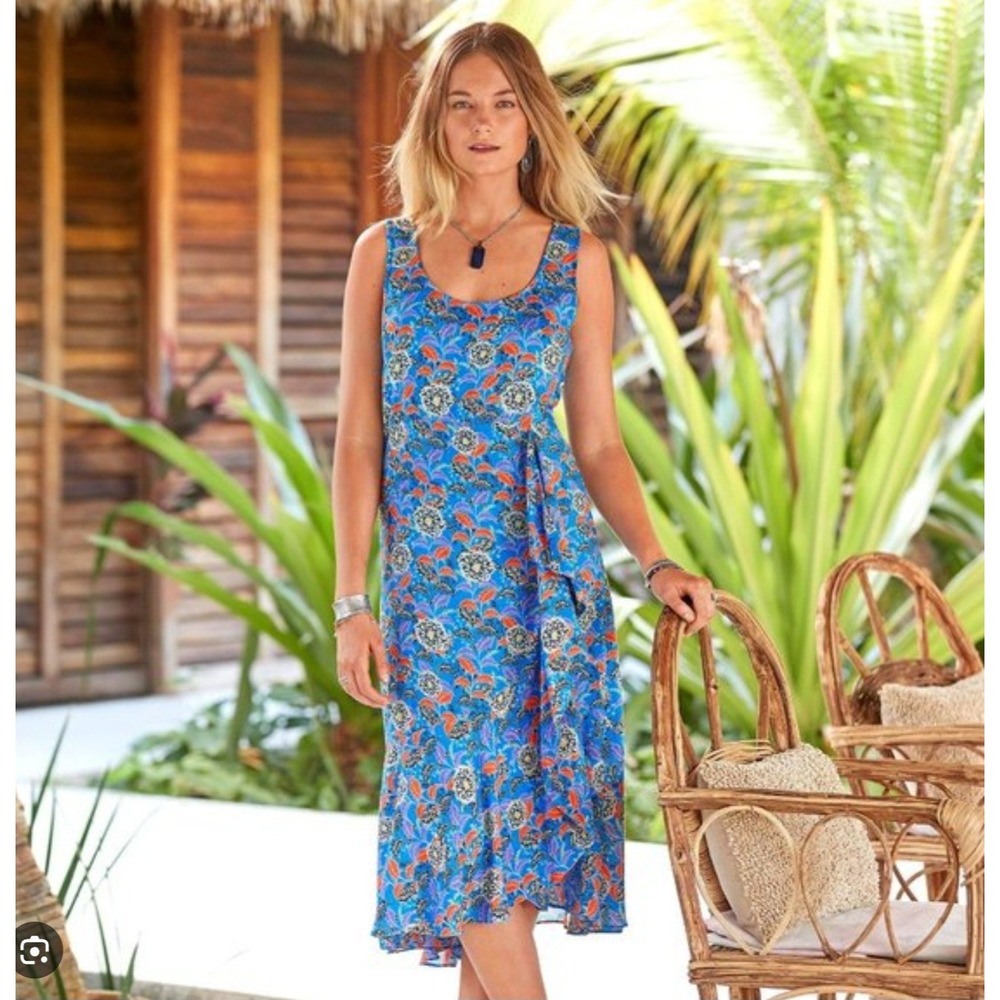 Sundance Drese XS 2 Floral Faux Wrap Midi Sleeveless Ruffle Orange Blue Salsa
